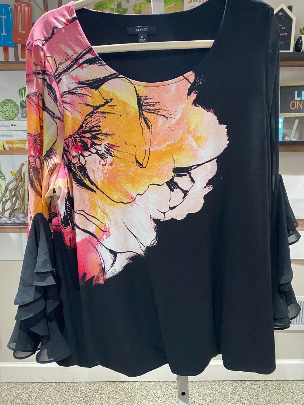 Alfani Black Blouse with Pink and Yellow Floral Accent